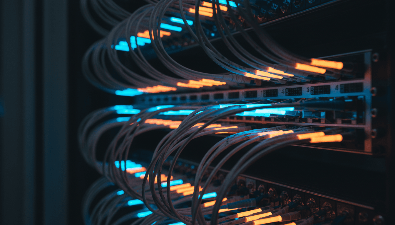 Glowing fiber optic network cables interconnected