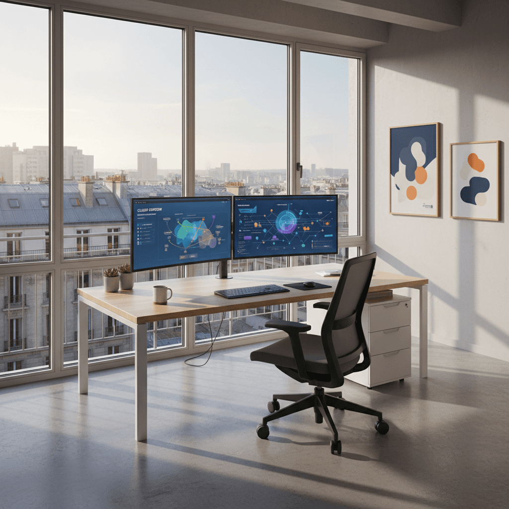 Cloud infrastructure monitoring station with Paris city view