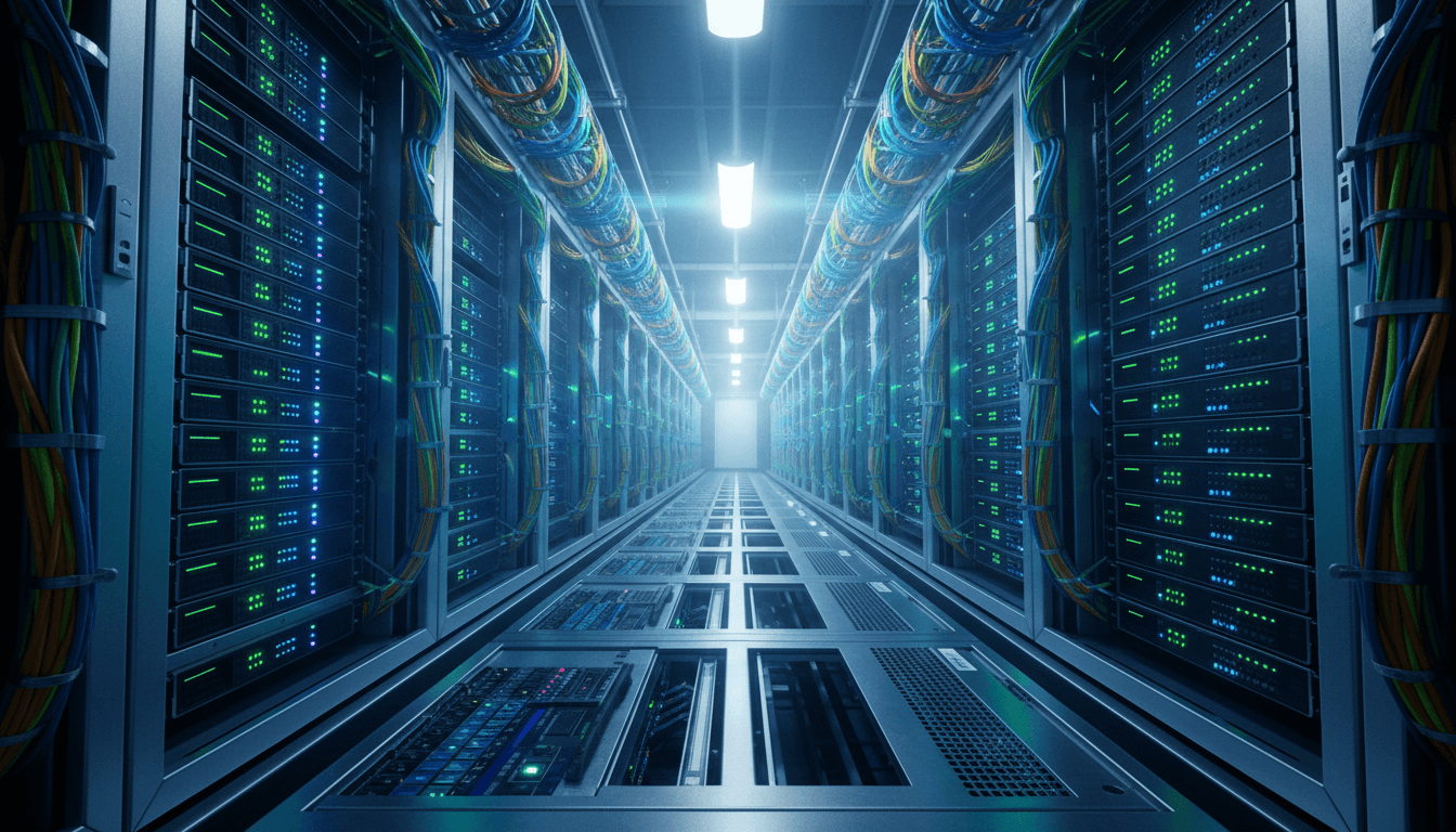 Modern data center with illuminated server racks and fiber optic cables